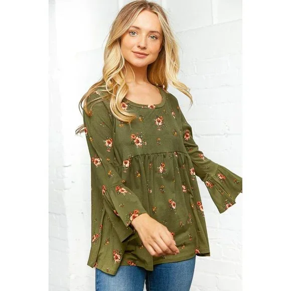 Olive Floral Bell Sleeve Babydoll Peplum Top - Picture 4 of 11